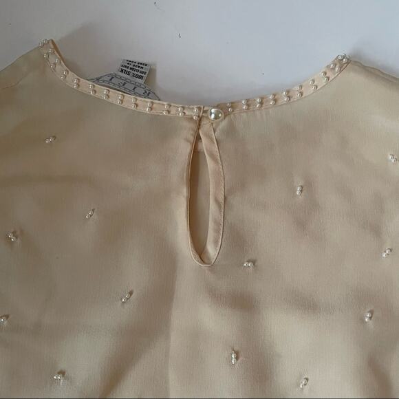 Vintage 1980s Trifles Silk Blouse Pearls All Over Elegant High Neck Cream 10 - Picture 7 of 13